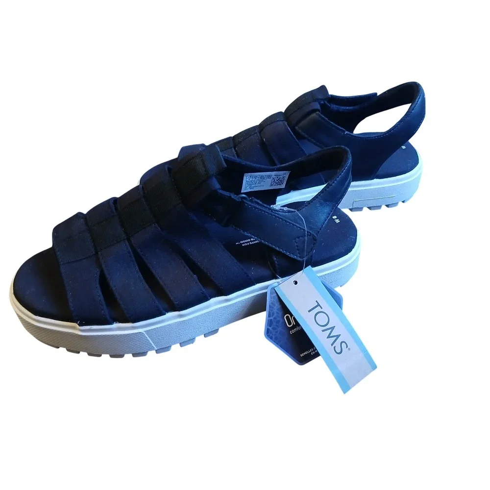 TOMS Fisherman Lug Black Canvas Leather Sandals 10017895 Size 6 Women's NEW